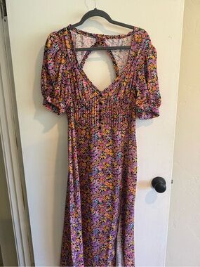 For Love & Lemons Purple Floral Puff-Sleeve Midi Dress
